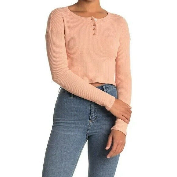 Lush Ribbed Long Sleeve Henley Top Womens S Button Cropped Tan Knit Casual NWT - Picture 1 of 6
